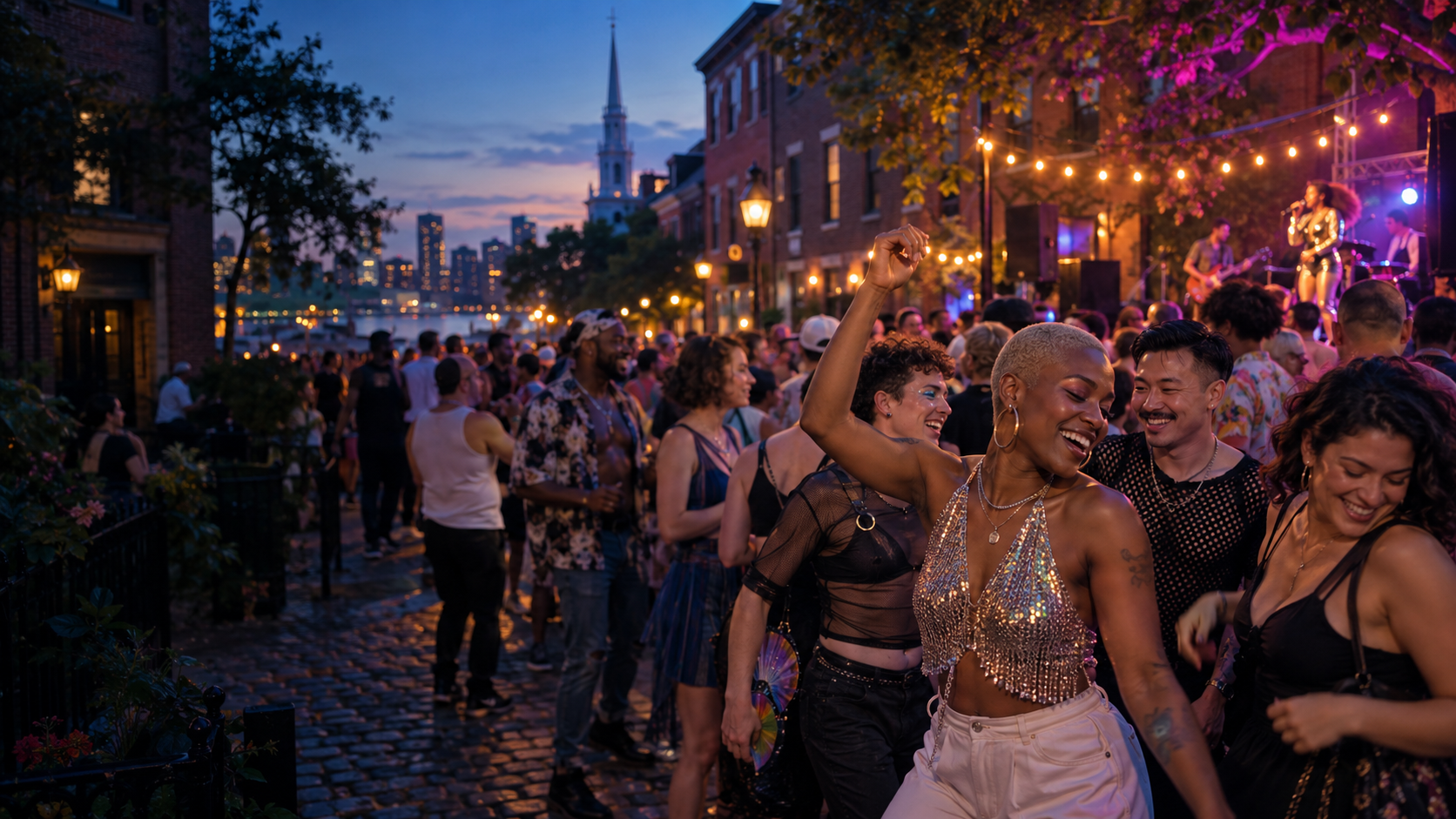 A diverse crowd celebrating together at an outdoor evening event